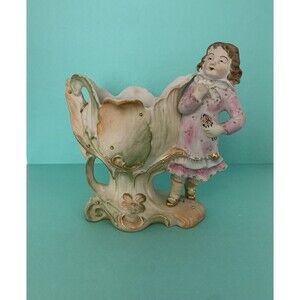 Rare Occupied Japan Paul UX Bisque Figurine Vase - Girl Holding Flowers